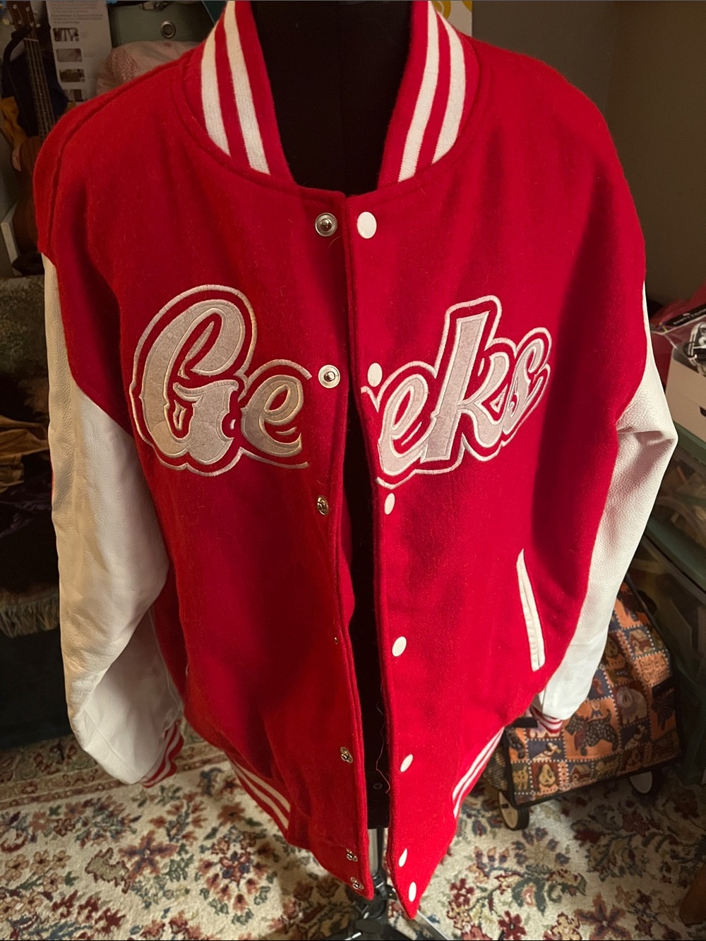 Men’s “Geeks” Red and White Letterman-Style Jacket